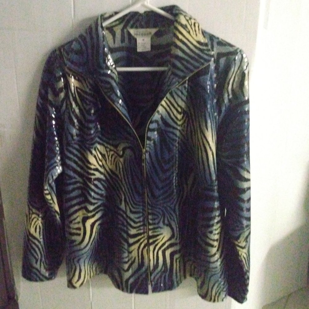 ❤️EXCLUSIVELY MISOOK Blue / Black Zebra Paliette Sequin Zip Up Jacket Sz Medium